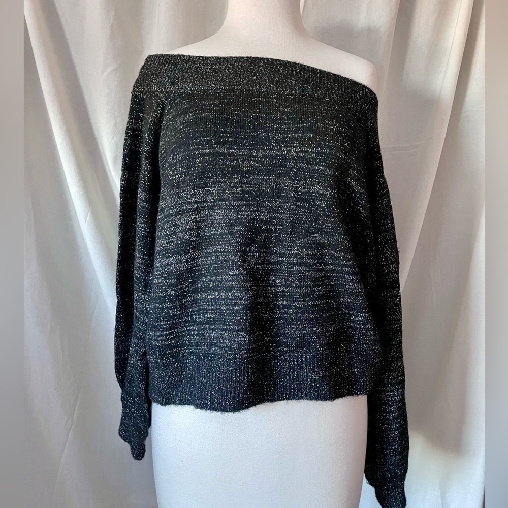 H&M Off Should Sweater Black w/ Sparkly Silver Threads Throughout sz L